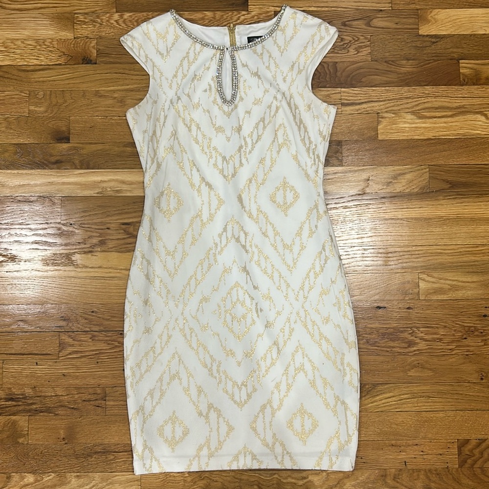 JAX cream cocktail dress with gold accents and gemstone neck line size 8